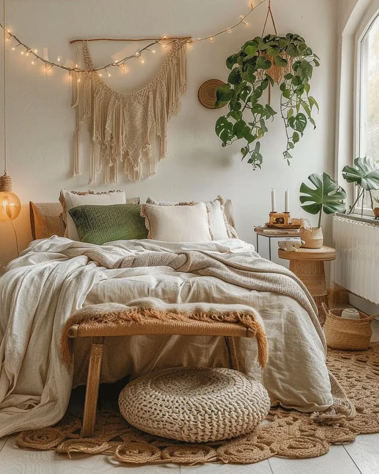 Boho bedroom decor with linen bedding, handmade throw, and a knit pouf.