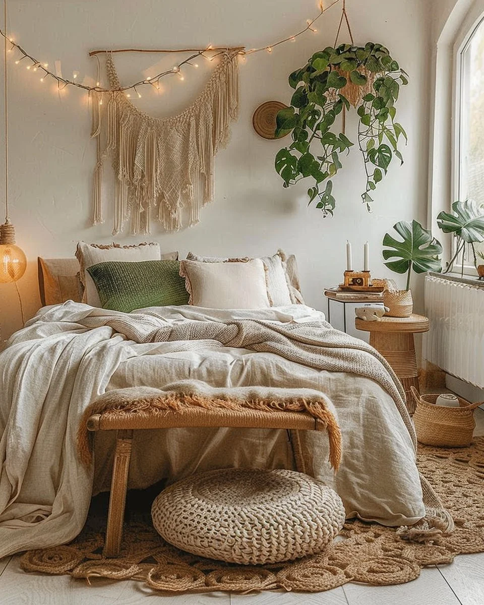 Boho bedroom decor with linen bedding, handmade throw, and a knit pouf.