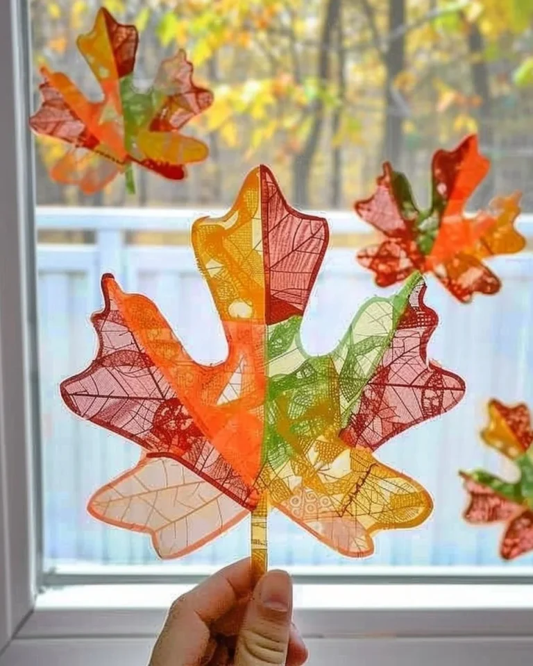 Colorful autumn leaf suncatcher craft for kids